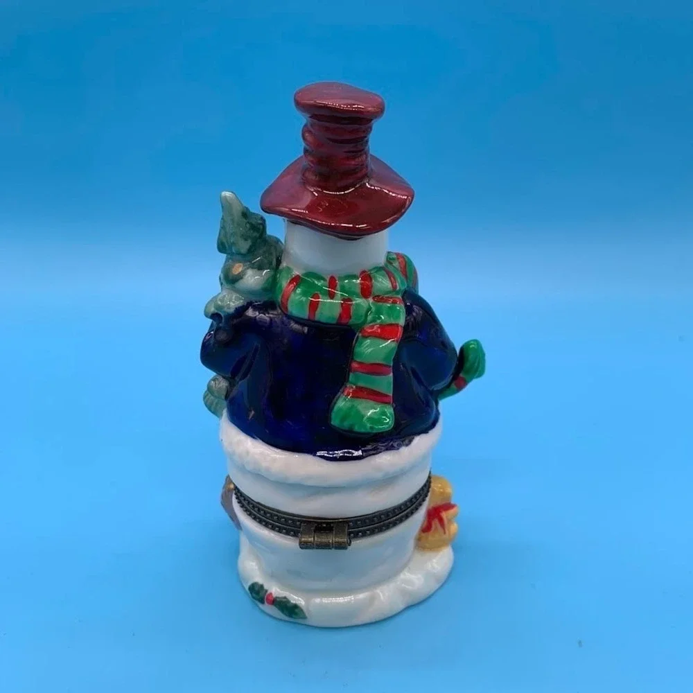 Christmas Snowman Holding Tree Holiday Ceramic Trinket Box Figurine